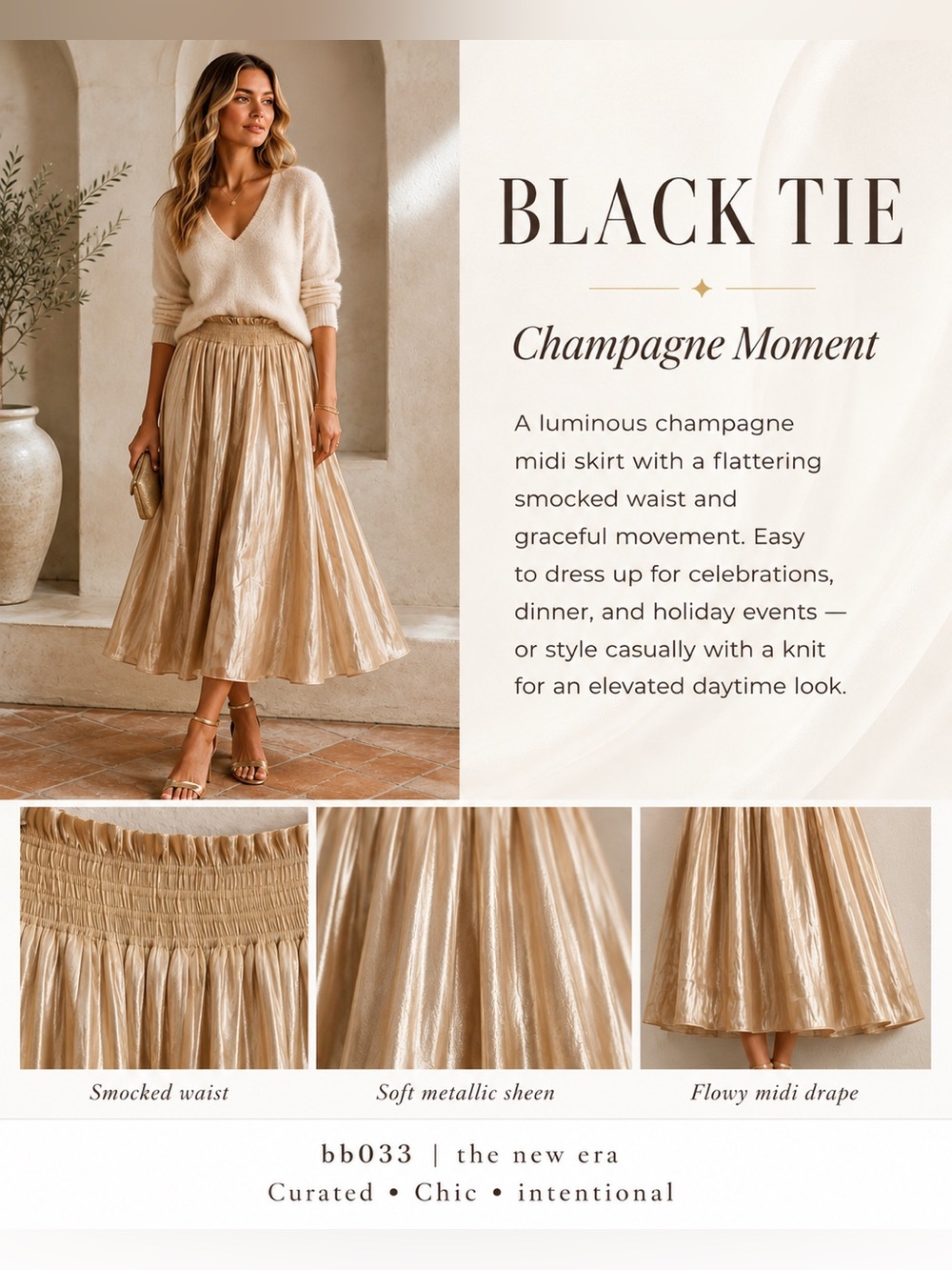 Champagne Satin Pleated Maxi Skirt Smocked Waist | Flowy Elegant | (OS)
